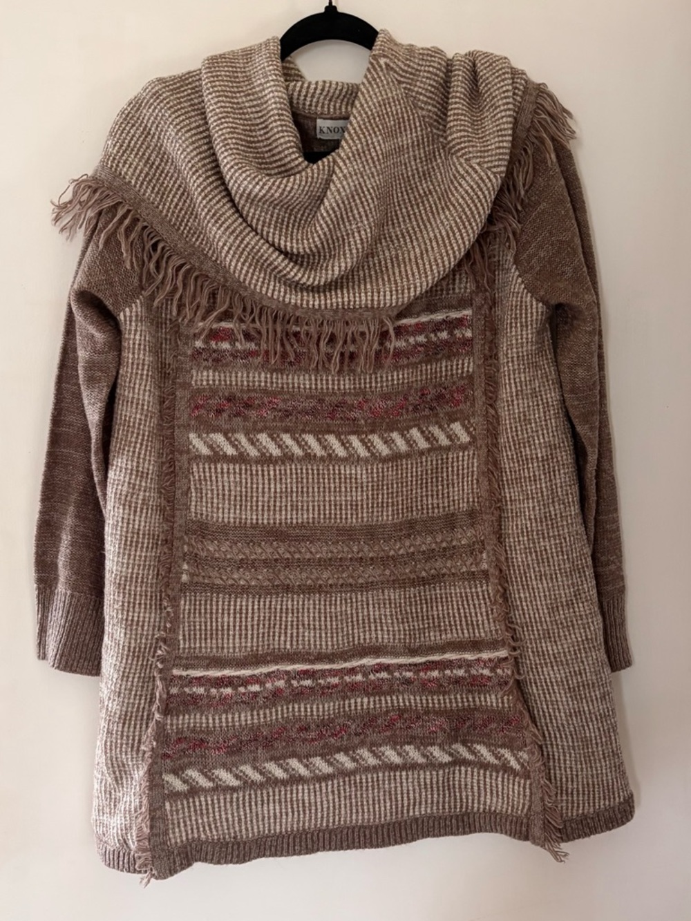 Knox Rose Taupe Fringe Cowl-Neck Sweater Large